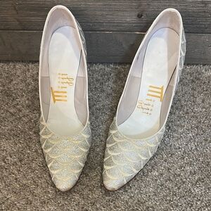 Mijji Vintage Glittered Silver and Ivory White Embroidered Heels